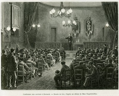 Konferenz für die Arbeiter der Dollfus-Mieg-Werkstätten in Dornach. Gravur von Lix zur Illustration der Geschichte „Durch Elsass und Lothringen“, von Charles Grad, deutscher Abgeordneter, 1885, in Le Tour du monde 1886, unter der Leitung von Edouard Charto von Frederic Theodore Lix