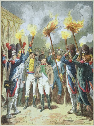 Kaiser Napoleon I. wird von seinen Soldaten am Vorabend der Schlacht von Austerlitz 1805 gefeiert von Frederic Theodore Lix