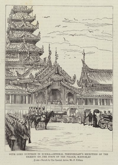 Mit Lord Dufferin in Burma, General Prendergasts Empfang des Vizekönigs auf den Stufen des Palastes, Mandalay von Frederic Villiers