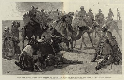 Mit dem Kamelkorps von Sarass nach Dongola, eine Rast der berittenen Infanterie in der nubischen Wüste von Frederic Villiers