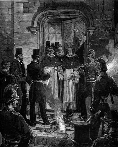 Vertreibung der Dominikaner aus der Rue de Jean de Beauvais in Paris nach den Dekreten vom März 1880, die von Jules Ferry erlassen wurden und den Mitgliedern nicht autorisierter religiöser Kongregationen das Recht zu lehren entziehen: Verlesung des Dekrets von Frederic de Haenen