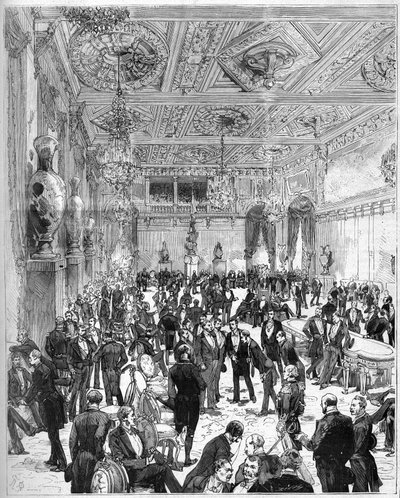 Einweihung des Hôtel de Ville de Paris am 14. Juli 1882, wiederaufgebaut nach dem Brand von 1871: Blick auf den Stadtratssaal bei der Ankunft von Präsident Jules Grévy (1807-1891). Gravur von De Haenen und Dosso in „Die illustrierte Welt“ Nr. 1321 vom 22.  von Frederic de Haenen
