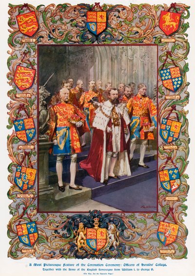 Offiziere des Heralds College, zusammen mit den Wappen der englischen Souveräne von König Wilhelm I. bis König Georg V. von Frederic de Haenen