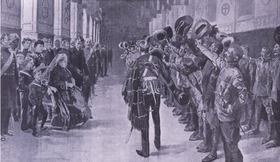 Königin Victoria inspiziert invalide Kolonialsoldaten in der St. Georges Hall, Windsor, Illustration aus After Pretoria: The Guerilla War, 1902 von Frederic de Haenen
