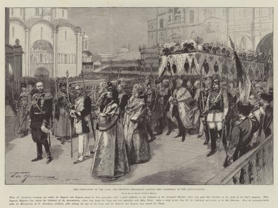 Die Krönung des Zaren, der kaiserliche Prozession verlässt die Kathedrale der Verkündigung von Frederic de Haenen