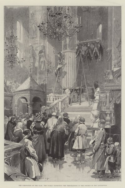 Die Krönung des Zaren, die Öffentlichkeit inspiziert die Vorbereitungen in der Mariä-Entschlafens-Kirche von Frederic de Haenen