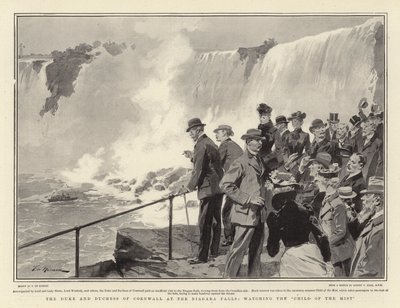 Der Herzog und die Herzogin von Cornwall an den Niagarafällen, beobachten das Kind des Nebels von Frederic de Haenen