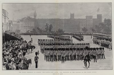 Der Geburtstag des Königs in London, der Vorbeimarsch nach dem Trooping of the Colours bei den Horse Guards von Frederic de Haenen