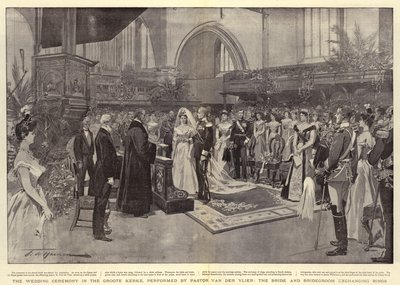Die Hochzeitszeremonie in der Groote Kerke, durchgeführt von Pastor Van der Vlier, die Braut und der Bräutigam tauschen Ringe von Frederic de Haenen