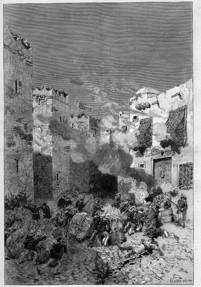 Tunesien, Juli 1881: Französische Truppen erobern die Stadt Stax nach dem Aufstand der Einwohner gegen das französische Protektorat von Tunesien. Marinegewehre rauchen arabische Häuser am Fuße der Kasbah - Gravur von De Haenen in „Das illustrierte Universu von Frederic de Haenen
