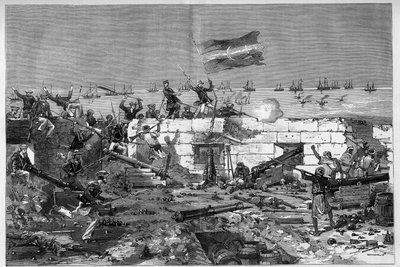 Tunesien, Juli 1881: Französische Truppen eroberten die Stadt Stax nach dem Aufstand der Einwohner gegen das französische Protektorat von Tunesien. Marinegewehre nehmen die Rundbatterie ab. Gravur von De Haenen in „Die illustrierte Welt“ Nr. 1273 vom 20. A von Frederic de Haenen
