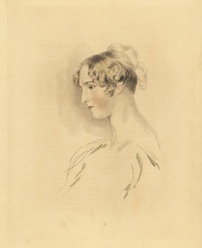 Porträt von Mary Isabella Bloxam als junge Frau, Nichte von Sir Thomas Lawrence. Mit hochgestecktem und gelocktem Haar, in einem schulterfreien Kleid. Gravur von Frederick Christian Lewis nach einer Illustration von Sir Thomas Lawrence aus P.G. Patmore