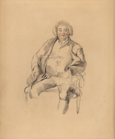 Porträt von Sir Thomas Lawrences Vater, Gastwirt Thomas Lawrence. Korpulenter Mann mit Perücke auf einem Stuhl sitzend. Handkolorierter Stich von Frederick Christian Lewis nach einer Illustration von Sir Thomas Lawrence aus P.G. Patmores Cabinet of Gems, A von Frederick Christian Lewis