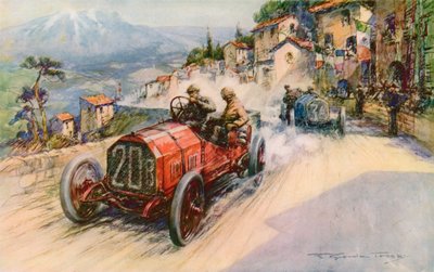 Italiens Champion, Felice Nazzaro, und der Fiat gewinnen die Targa Florio 1907, nachdem sie zuvor den Grand Prix und den Kaiserpreis gewonnen hatten von Frederick Gordon (after) Crosby
