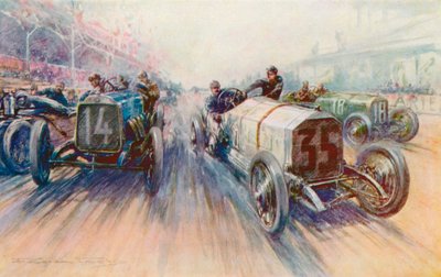 Lautenschlagers weißer Mercedes im Grand Prix 1908, ein Rennen, bei dem Reifen in großen Mengen verbraucht wurden von Frederick Gordon (after) Crosby