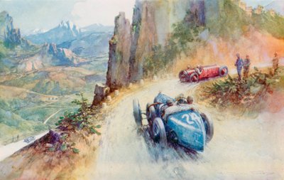 Materassis 2-Liter-Kompressor-Bugatti überholt einen Maserati auf der kurvenreichen Strecke der Targa Florio 1927 (Farblitho) von Frederick Gordon (after) Crosby