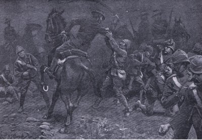 Major Boole-Smith stellt sich De Wet, aus After Pretoria: Der Guerillakrieg veröffentlicht von Harmsworth Bros Limited, 1901 von Frederick Judd Waugh