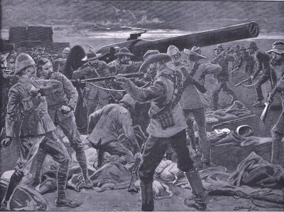 Der Angriff auf Gun Hill: Die Kanoniere der Marine 47 überrascht, aus After Pretoria: Der Guerillakrieg veröffentlicht von Harmsworth Bros Limited, 1901 von Frederick Judd Waugh