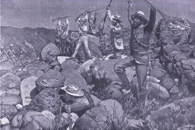 Die vorgetäuschte Kapitulation, die die Liverpools in eine verzweifelte Lage brachte, Illustration aus After Pretoria: Der Guerillakrieg, 1902 von Frederick Judd Waugh