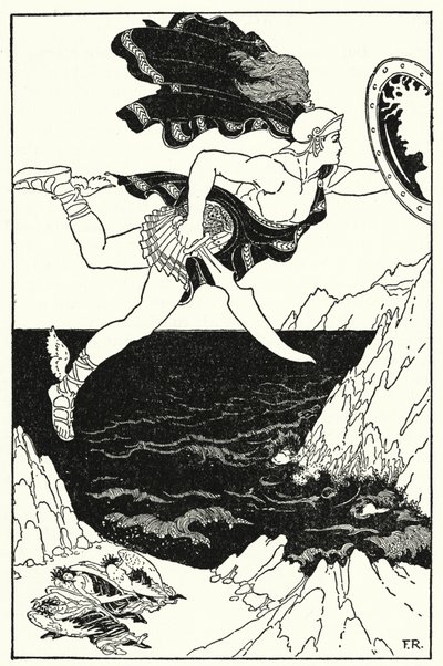 Perseus flog vorsichtig nach unten und hielt dabei seine Augen auf Medusas Gesicht, wie es sich in seinem Schild spiegelte von Frederick Richardson