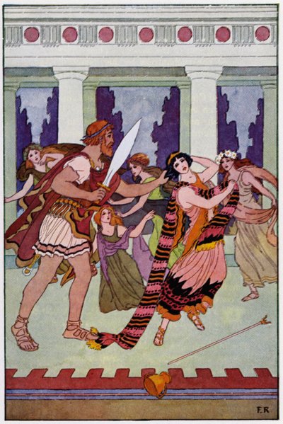 Odysseus ergriff die Zauberin bei ihren schönen Locken von Frederick Richardson