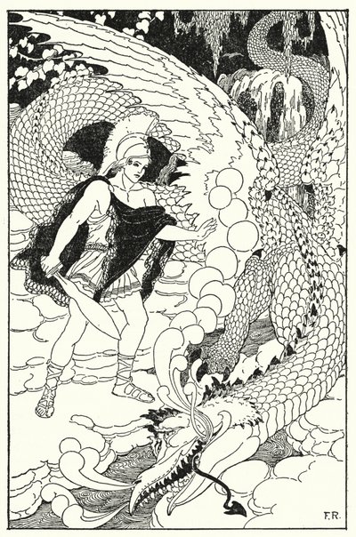 Als der Drache Cadmus erblickte, stieß er ein weiteres abscheuliches Zischen aus von Frederick Richardson