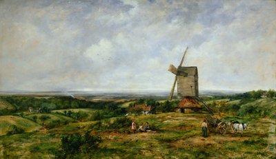 Landschaft mit Figuren bei einer Windmühle von Frederick Waters Watts