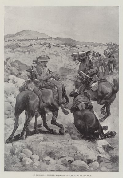 Auf den Fersen der Buren, berittene Infanterie greift einen Wagenzug an von Frederick William Burton