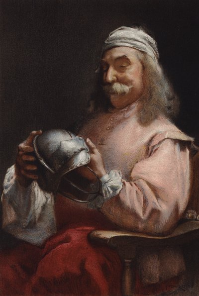 Ein Freund in der Not, Porträt eines Mannes, der einen Helm betrachtet von Frederick William Davis