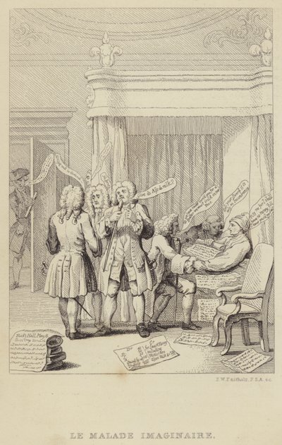 Le Malade Imaginaire: Satire, die den Autor und Botaniker John Hill im Bett zeigt, der von einer Reihe von Ärzten konsultiert wird, die alle entschlossen sind, ihre Gebühren zu sichern von Frederick William Fairholt