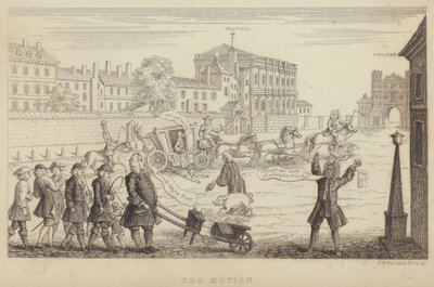 Die Bewegung: Satire auf die Versuche im Parlament, Sir Robert Walpole als Premierminister 1741 abzusetzen (Gravur) von Frederick William Fairholt