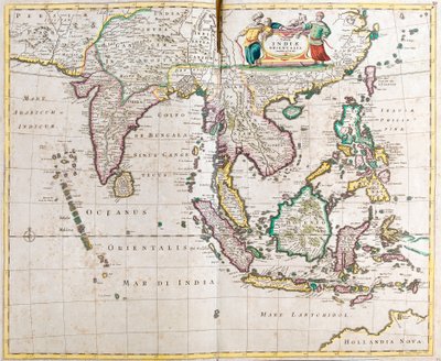 Karte von Ostindien (Süd- und Südostasien: Pakistan, Indien, Nepal, Bangladesch, Burma, Sri Lanka, Thailand, Malaysia, Vietnam, Kambodscha, Laos, Philippinen, Singapur und Indonesien) von Frederick de Wit
