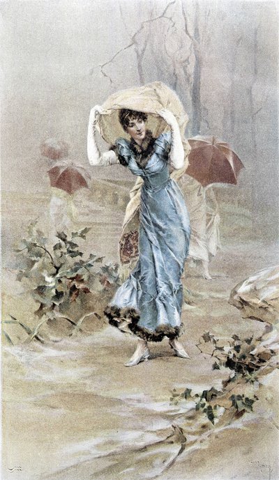 Frau, die sich vor dem Regen schützt - Allegorie des frühen Herbstes, Kalender illustriert von Hubert Dys von Frederik Hendrik Kaemmerer