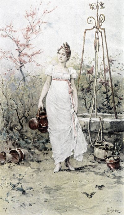 Frau kehrt von einem Brunnen zurück - Allegorie des Frühlings, Kalender illustriert von Hubert Dys, gemalt von F.H. Kaemmerer von Frederik Hendrik Kaemmerer