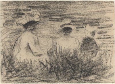 Drei Figuren, die in einer Wiese sitzen, von hinten gesehen von French 19th or 20th Century