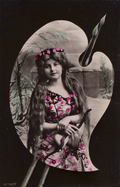 Eine junge Frau mit Bogen und Pfeil auf einer Künstlerpalette dargestellt von French Photographer