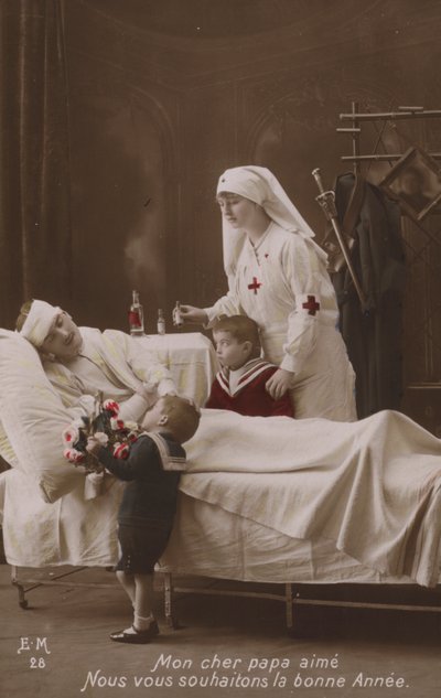 Kinder wünschen ihrem verletzten Vater ein frohes neues Jahr, Erster Weltkrieg von French Photographer