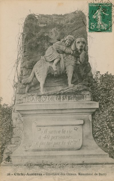 Clichy-Asnieres - Cimetiere des Chiens. Monument de Barry. Postkarte gesendet im Jahr 1913 von French Photographer