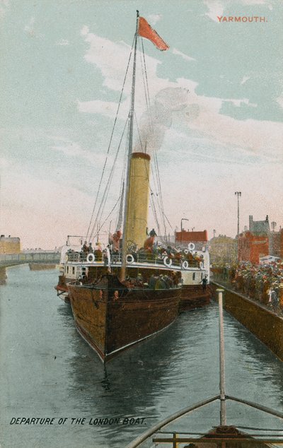 Abfahrt des Londoner Bootes in Yarmouth. Postkarte gesendet im Jahr 1913 von French Photographer
