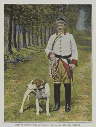 Hund und Jäger in der Livree der Jagd des Marquis de l
