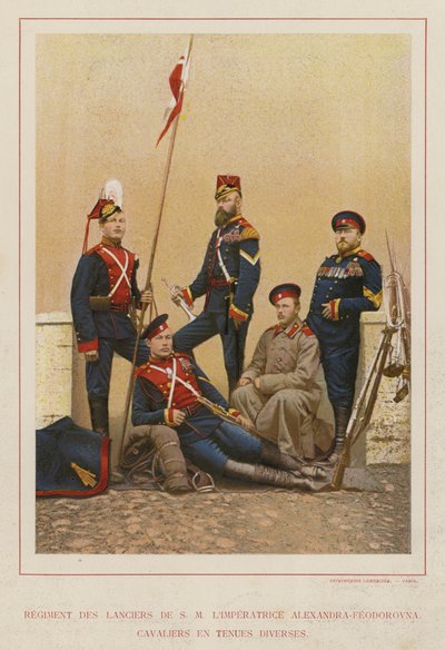 Die Russische Armee: Regiment der Lanzenreiter Ihrer Majestät der Kaiserin Alexandra-Feodorovna, Reiter in verschiedenen Uniformen (Foto) von French Photographer
