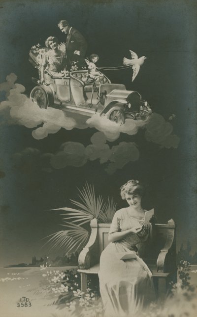 Postkarte einer jungen Frau, die einen Brief liest und von der Ehe träumt, gesendet 1913 von French Photographer