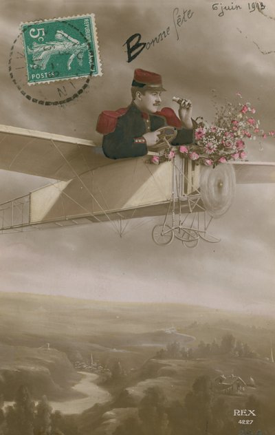 Flieger liefert Blumen (handkoloriertes Foto) von French Photographer