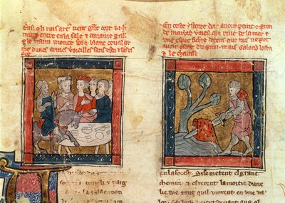 184 Fr.110 f.405 Galahad kommt zu Arthur und zieht das Schwert aus dem schwimmenden Stein im Fluss bei Camelot, ca. 1250-80 von French School