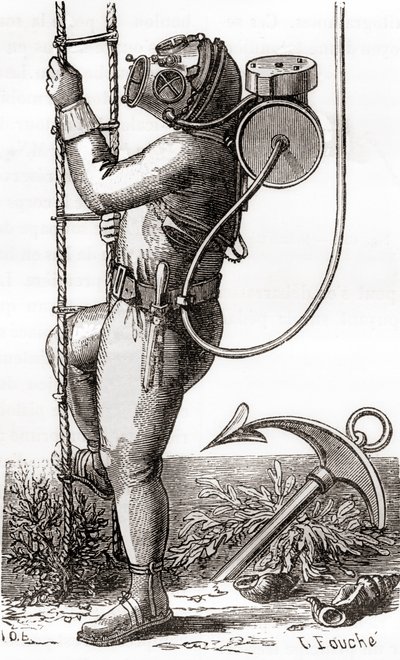 Ein Tiefseetaucher des 19. Jahrhunderts mit einem gummibeschichteten Tauchanzug mit Helm und Tankregler, aus 