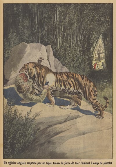 Ein britischer Offizier, von einem Tiger verschleppt, findet die Kraft, das Tier mit seiner Pistole zu töten von French School