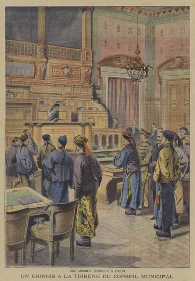 Eine chinesische Mission in Paris: Einer der chinesischen Delegierten am Rednerpult des Stadtrats (Farblithografie) von French School