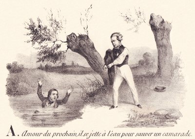 A: Nächstenliebe, er wirft sich ins Wasser, um einen Kameraden zu retten von French School