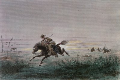 Ein Postbote des amerikanischen Pony Express wird von Ureinwohnern angegriffen von French School