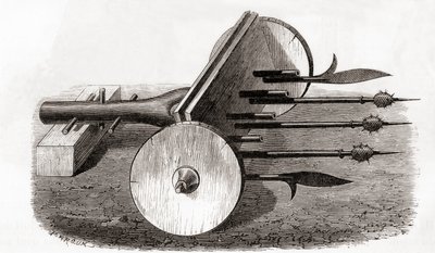 Ein Ribauldequin, Höllenmaschine oder Orgelkanone, bewaffnet mit kleinen Kanonen und Piken, aus Les Merveilles de la Science, veröffentlicht um 1870 (Gravur) von French School